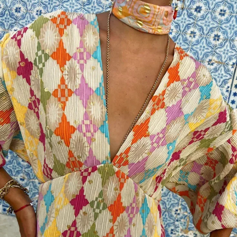 Dam Kaftanklänning – Lång – Lös Passform – V-ringning – Bohemisk Stil – Mjuk Textil