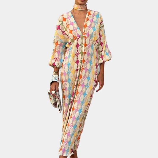 Dam Kaftanklänning – Lång – Lös Passform – V-ringning – Bohemisk Stil – Mjuk Textil