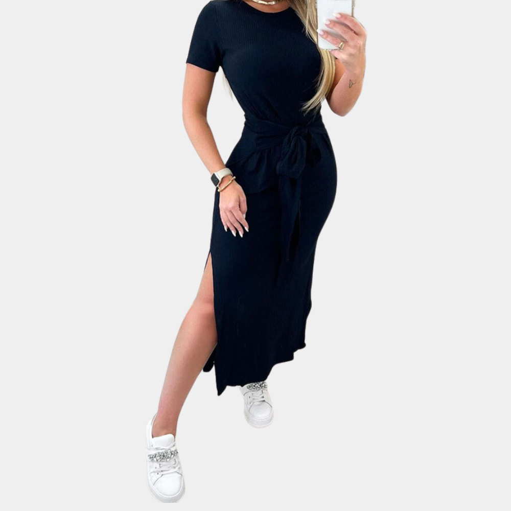 Damklänning - Midilängd - Kort Ärm - Midjeband - Rund Hals - Slits - Andningsbar