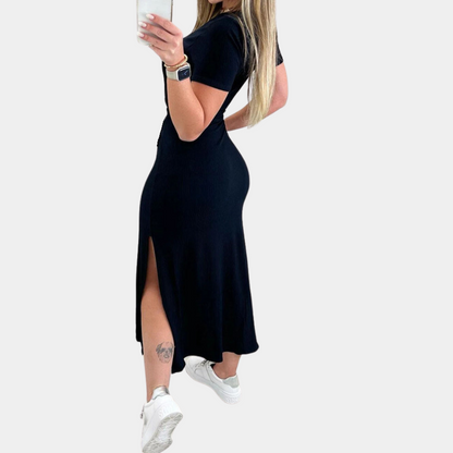 Damklänning - Midilängd - Kort Ärm - Midjeband - Rund Hals - Slits - Andningsbar