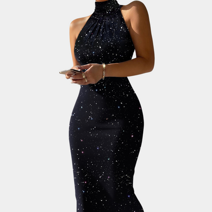 Damklänning - Figurnära Passform - Ärmlös - Hög Hals - Elegant Festklädsel