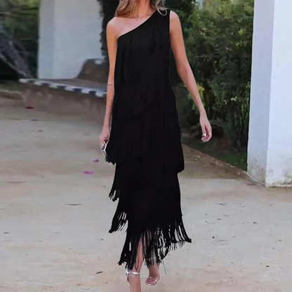 Kvinners Klänning - One-Shoulder Design - Asymmetrisk Hem - Flerskiktade Fransar