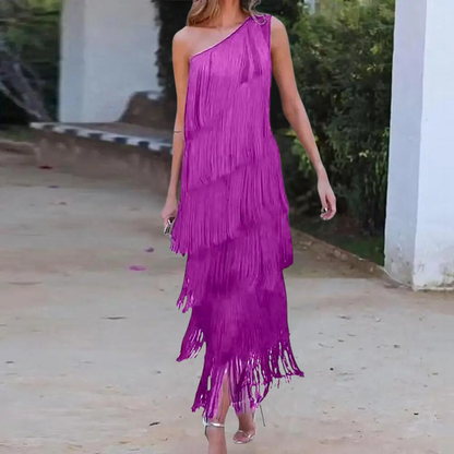 Kvinners Klänning - One-Shoulder Design - Asymmetrisk Hem - Flerskiktade Fransar