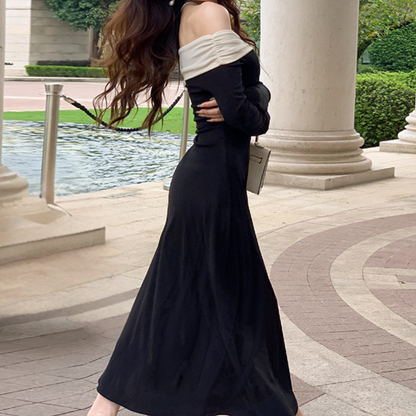 Damklänning Off-Shoulder – Hellång – Figurnära Passform – Långa Ärmar – Elegant Design