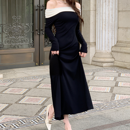 Damklänning Off-Shoulder – Hellång – Figurnära Passform – Långa Ärmar – Elegant Design