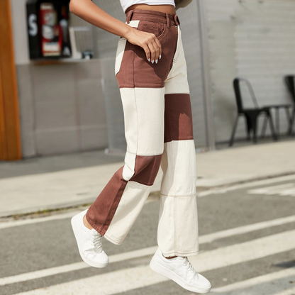 Dam Jeans - Rak Passform - Hög Midja - Patchwork Design - Trendig och Bekväm
