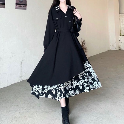 Damklänning – Lager-på-lager design – Asymmetrisk fåll – Blommigt foder – Lång ärm