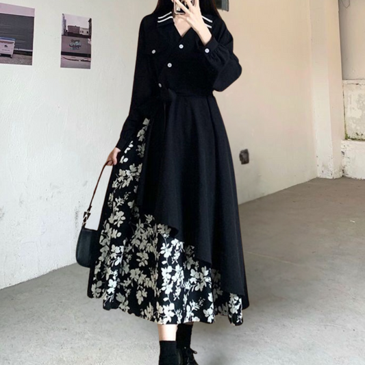 Damklänning – Lager-på-lager design – Asymmetrisk fåll – Blommigt foder – Lång ärm