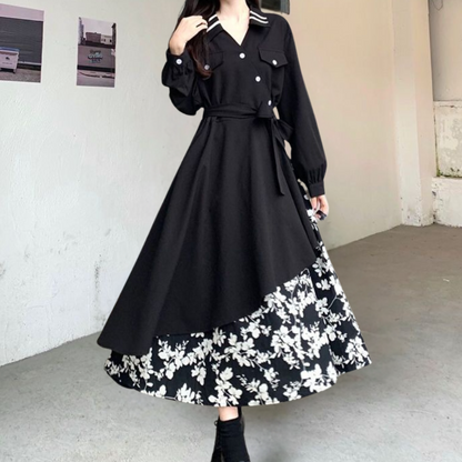 Damklänning – Lager-på-lager design – Asymmetrisk fåll – Blommigt foder – Lång ärm