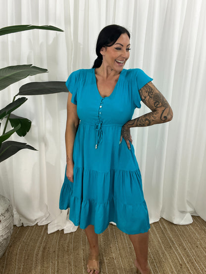 Damklänning - V-ringning - Korta Fjärilsärmar - Knappdetaljer - Justerbar Midja - Volangkjol