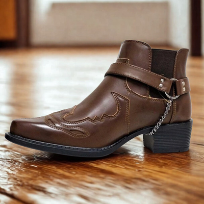 Herr Ankelstövlett - Läder - Spetsig Tå - Blockklack - Dekorativ Spänne & Kedja