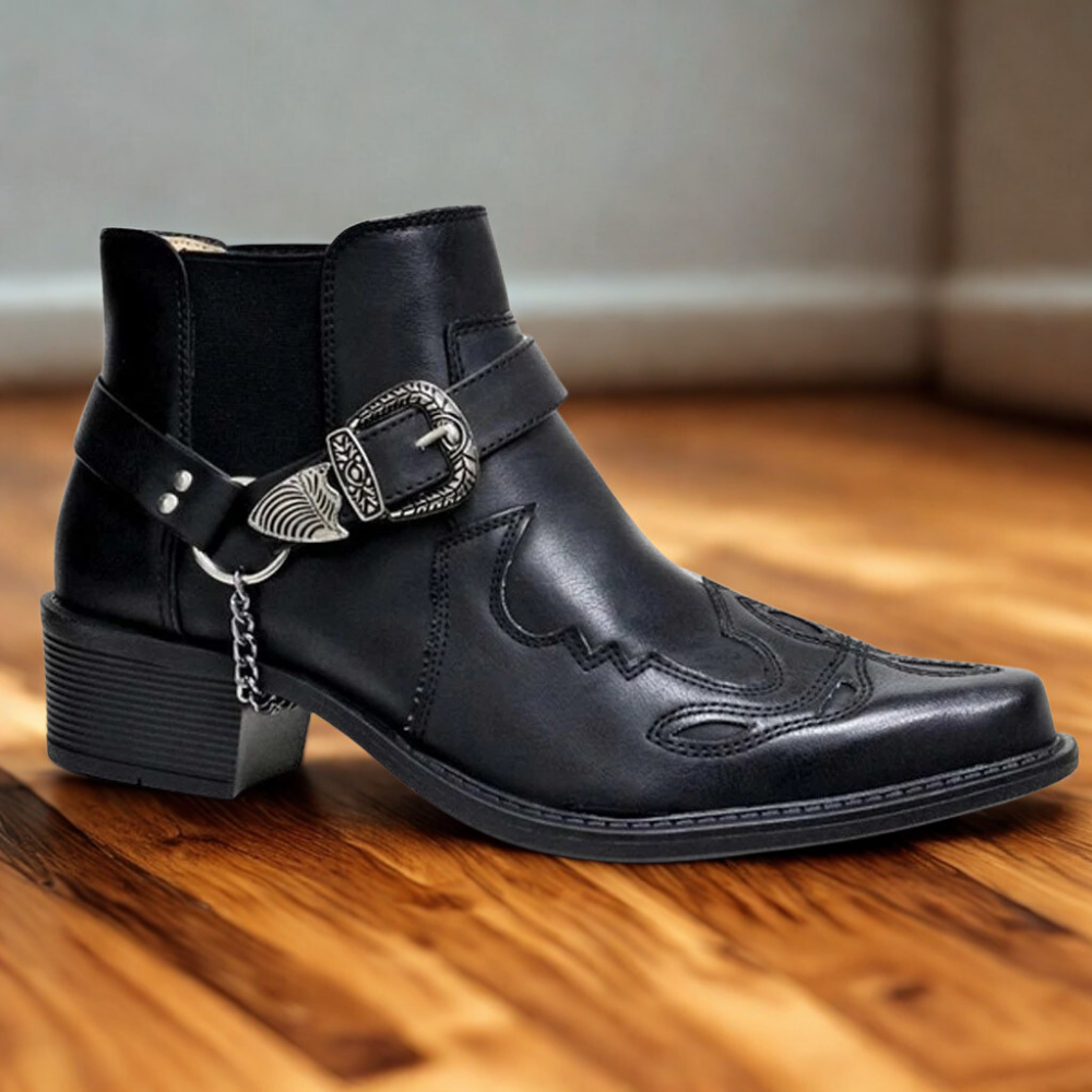 Herr Ankelstövlett - Läder - Spetsig Tå - Blockklack - Dekorativ Spänne & Kedja