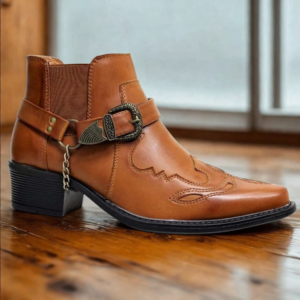 Herr Ankelstövlett - Läder - Spetsig Tå - Blockklack - Dekorativ Spänne & Kedja