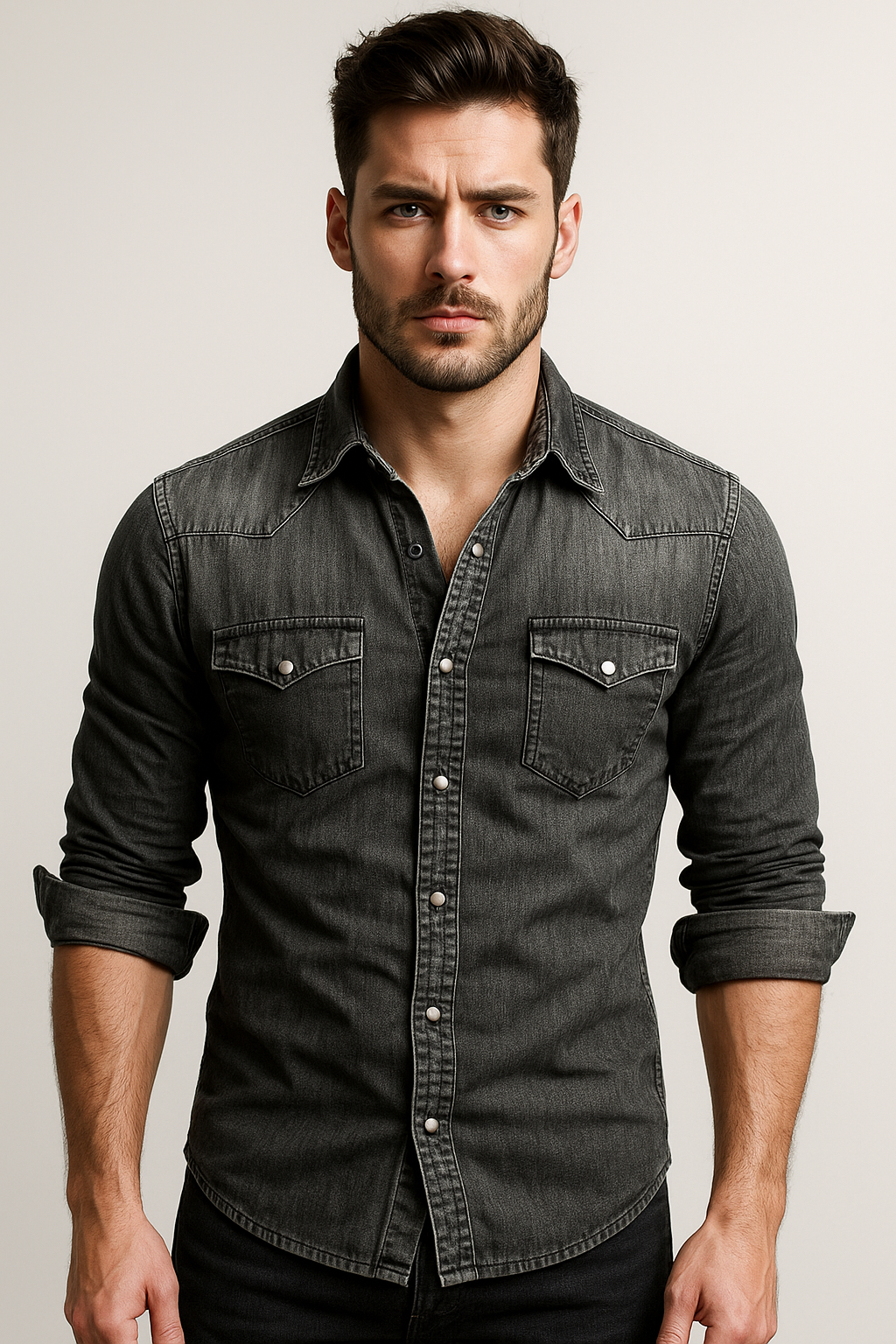Herrskjorta i Denim – Slim Fit – Tryckknappar – Bröstfickor – Ledig Stil