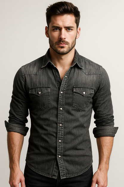 Herrskjorta i Denim – Slim Fit – Tryckknappar – Bröstfickor – Ledig Stil