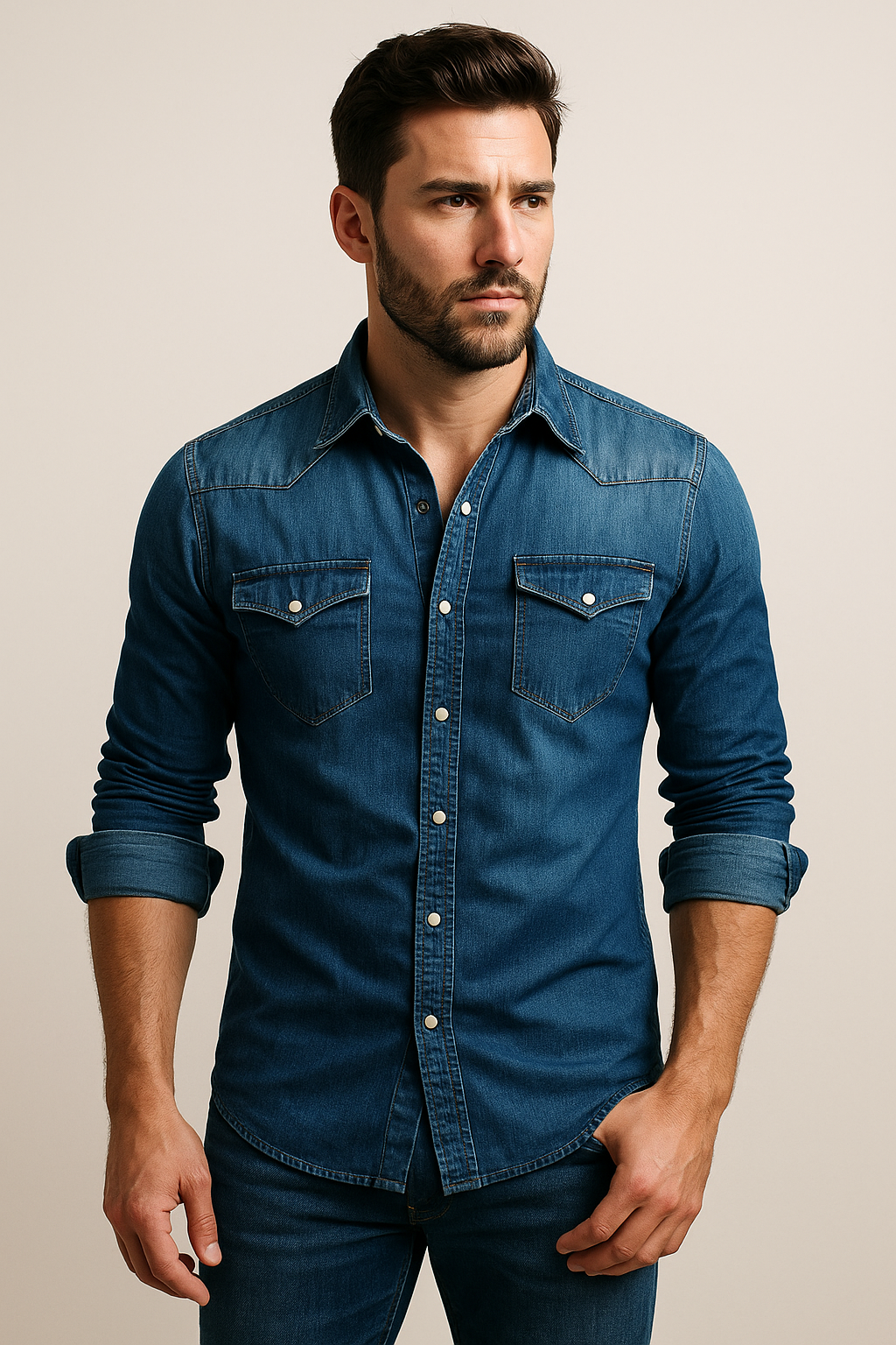 Herrskjorta i Denim – Slim Fit – Tryckknappar – Bröstfickor – Ledig Stil