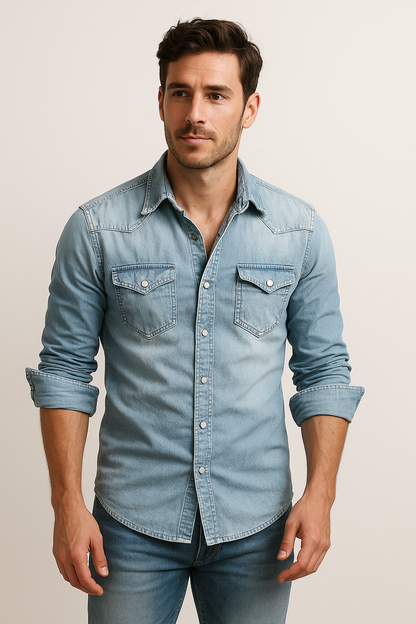 Herrskjorta i Denim – Slim Fit – Tryckknappar – Bröstfickor – Ledig Stil