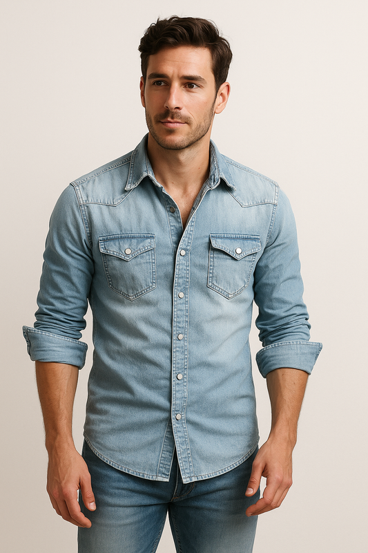 Herrskjorta i Denim – Slim Fit – Tryckknappar – Bröstfickor – Ledig Stil