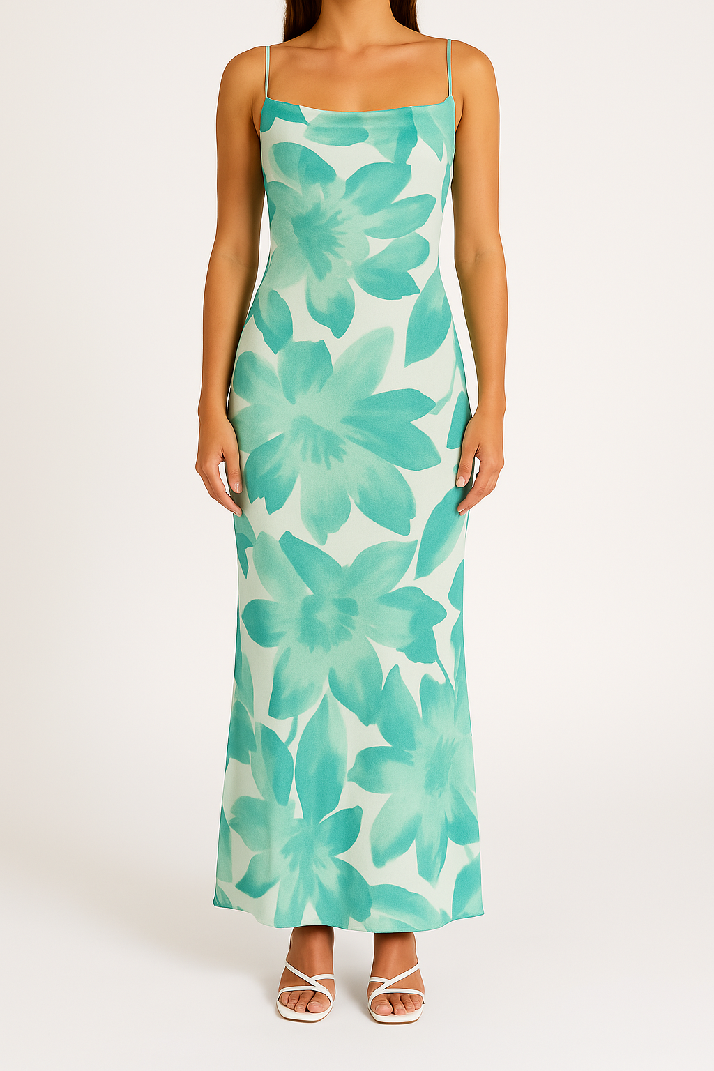 Damklänning bodycon – åtsittande passform – spaghetti-band – blommigt mönster – hellång