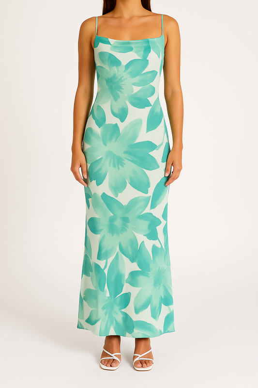 Damklänning bodycon – åtsittande passform – spaghetti-band – blommigt mönster – hellång