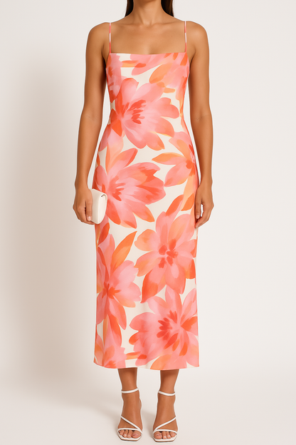 Damklänning bodycon – åtsittande passform – spaghetti-band – blommigt mönster – hellång