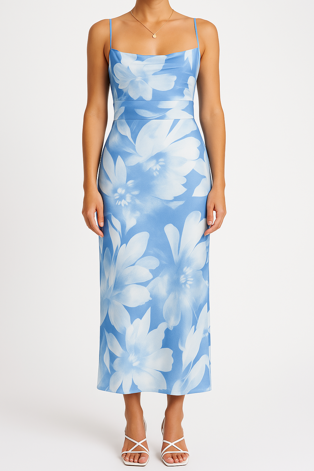 Damklänning bodycon – åtsittande passform – spaghetti-band – blommigt mönster – hellång