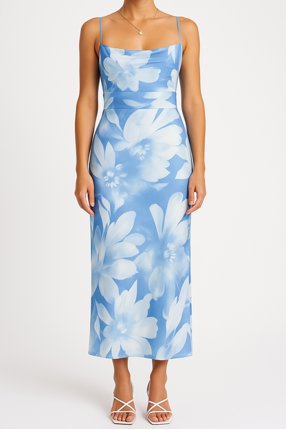 Damklänning bodycon – åtsittande passform – spaghetti-band – blommigt mönster – hellång