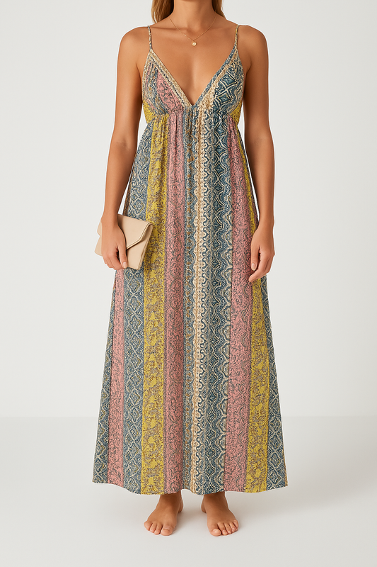 Damklänning maxi – V-ringning – Öppen rygg – Spagettiband – Lätt bomullsblandning