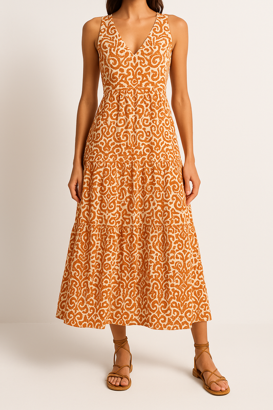 Damklänning midi – ärmlös V-ringning – avslappnad passform – abstrakt mönster – A-linjeformad