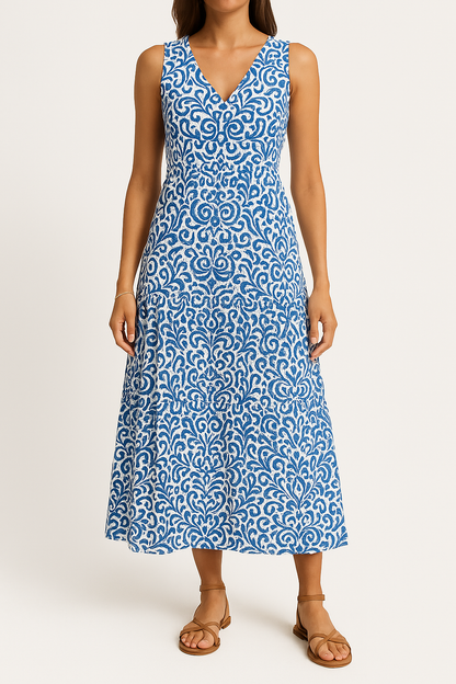 Damklänning midi – ärmlös V-ringning – avslappnad passform – abstrakt mönster – A-linjeformad