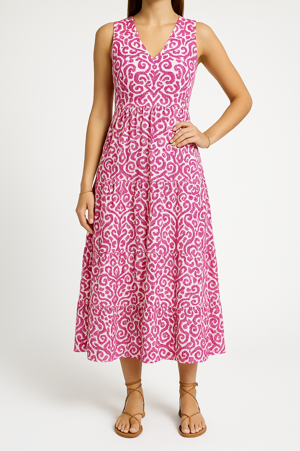 Damklänning midi – ärmlös V-ringning – avslappnad passform – abstrakt mönster – A-linjeformad