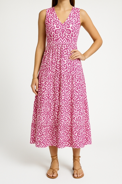 Damklänning midi – ärmlös V-ringning – avslappnad passform – abstrakt mönster – A-linjeformad