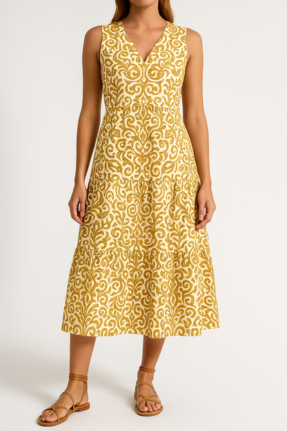 Damklänning midi – ärmlös V-ringning – avslappnad passform – abstrakt mönster – A-linjeformad