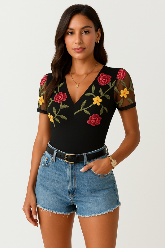 Dam Bodysuit – Slim Fit – V-ringning – Broderade Meshärmar – Stretchmaterial