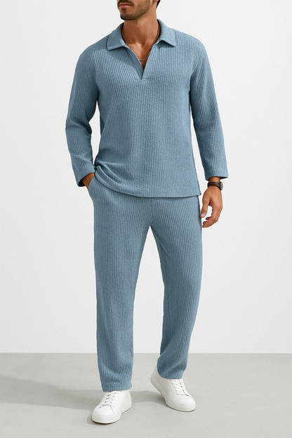 Herr Loungewear-set – Avslappnad Passform – Ribbad Mjuk Trikå – Krage & Hellång Arm
