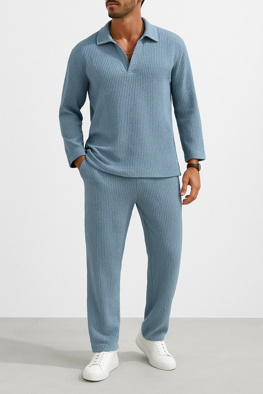 Herr Loungewear-set – Avslappnad Passform – Ribbad Mjuk Trikå – Krage & Hellång Arm