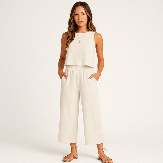 Dam Lounge Set – Ärmlös Crop Top – Vida Byxor – Lättvikts Andningsbar Passform