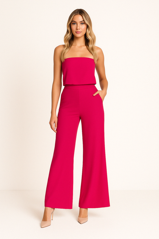 Damset tvådelat – Axelbandslös topp – Hög midja utsvängda byxor – Luftig passform