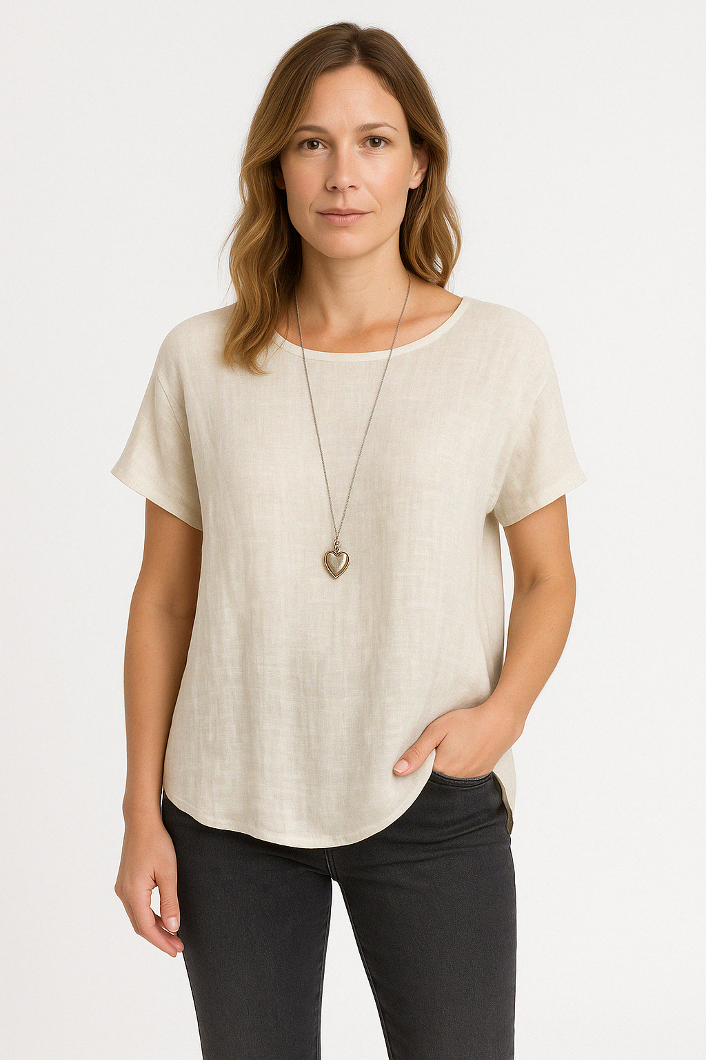Dam T-shirt – Linneblandning – Lös Passform – Kort Ärm – Andningsbar Vardagsstil
