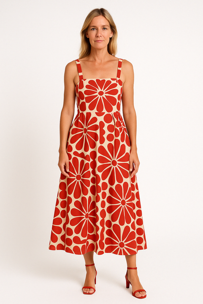 Damklänning – Figursydd Liv – Smala Axelband – A-linjeformad Midiklänning – Bomull