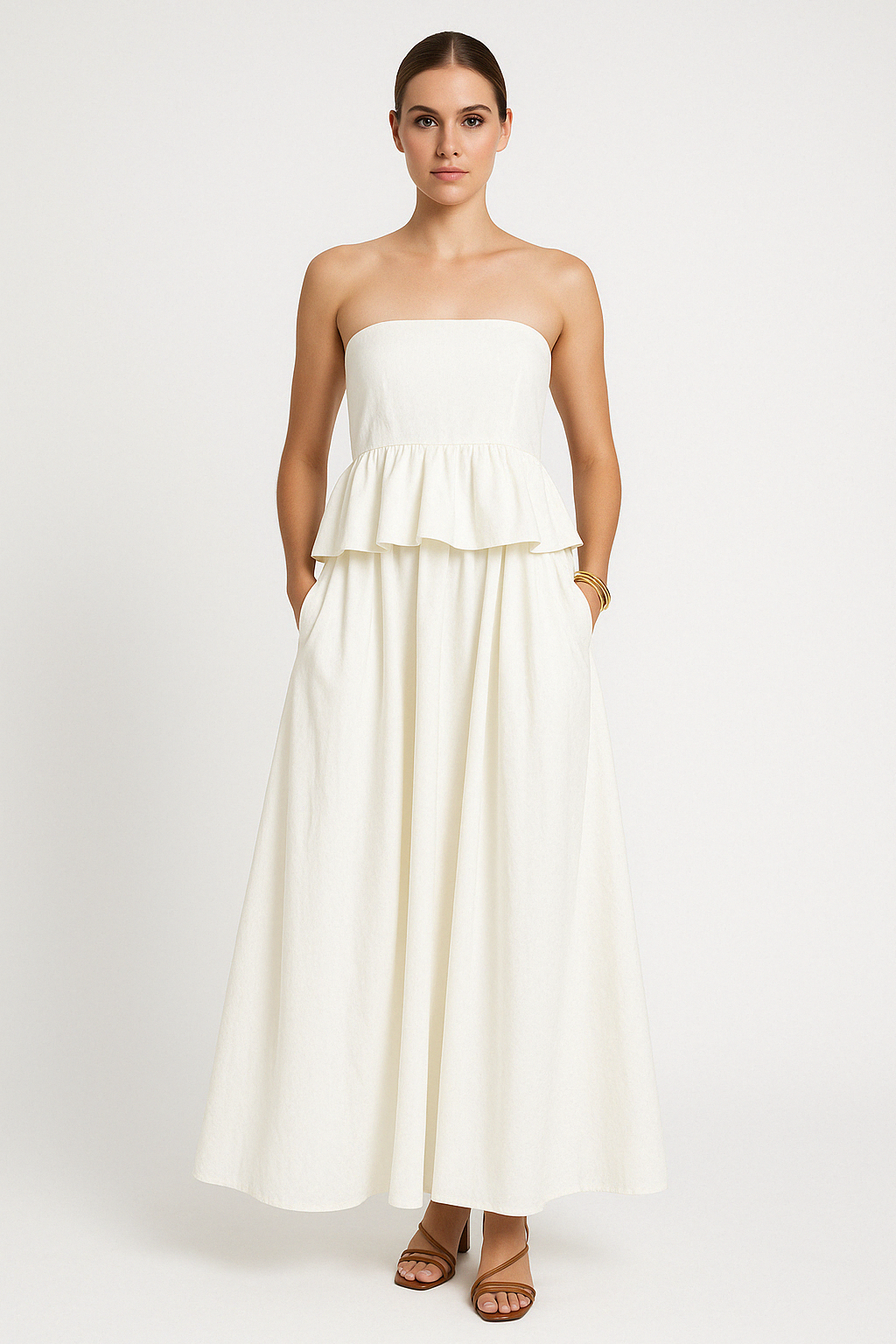 Damklänning maxi – ärmlös axelbandslös – peplumliv – luftig A-linjeform
