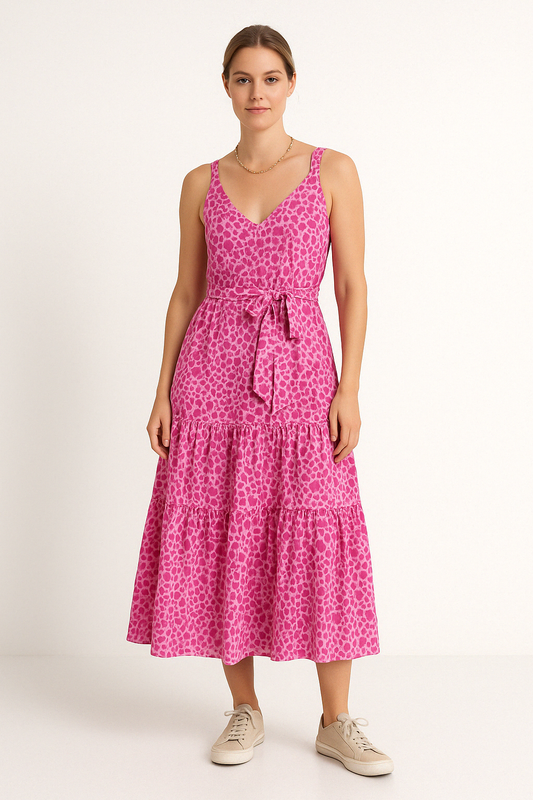 Damklänning med V-ringning – Ärmlös – Avslappnad passform – Midilängd – Mönstrad