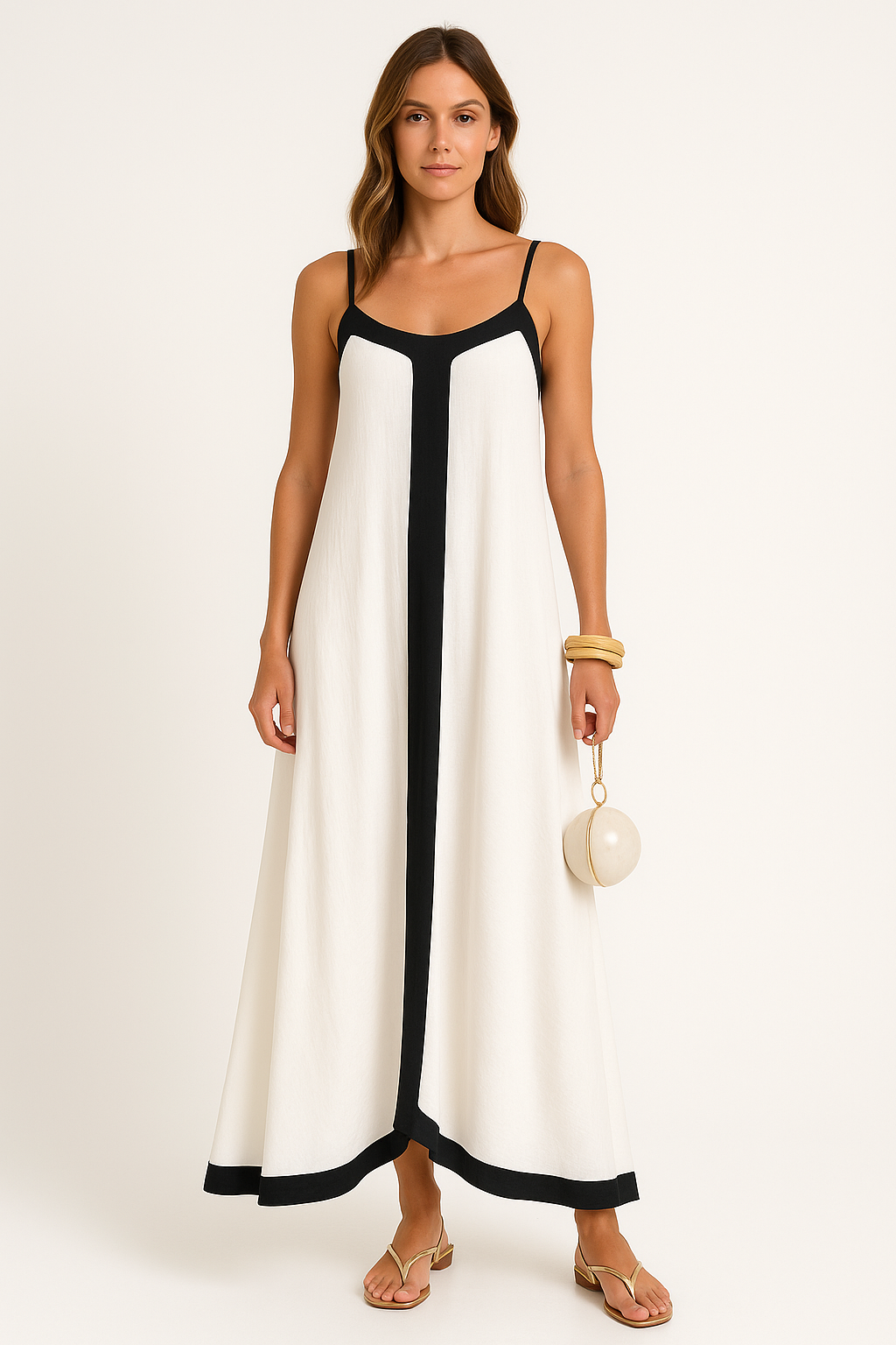 Damklänning maxi – Lång modell – Lätt tyg – Smala axelband – Kontrastdetalj