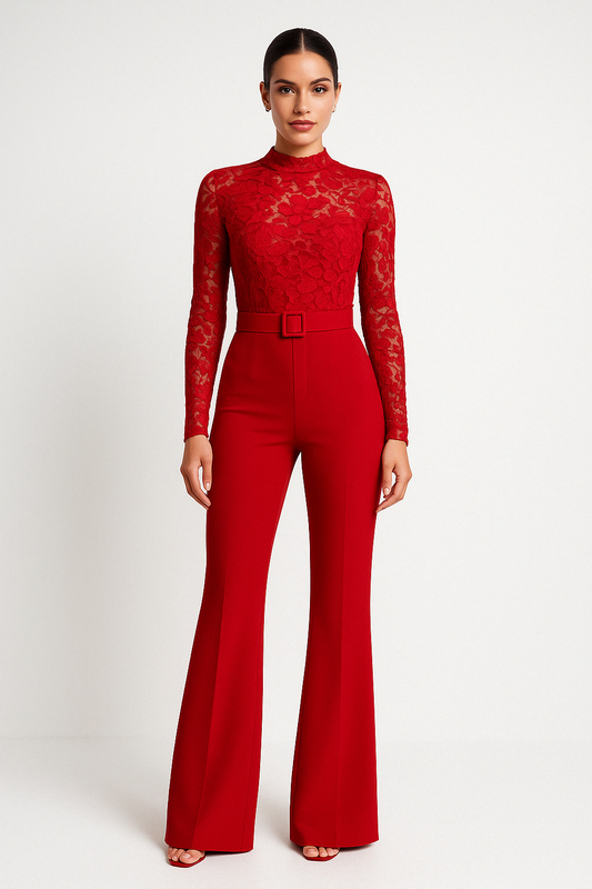 Dam Jumpsuit – Broderad Spets – Skräddarsydd Passform – Utsvängda Ben – Bälte