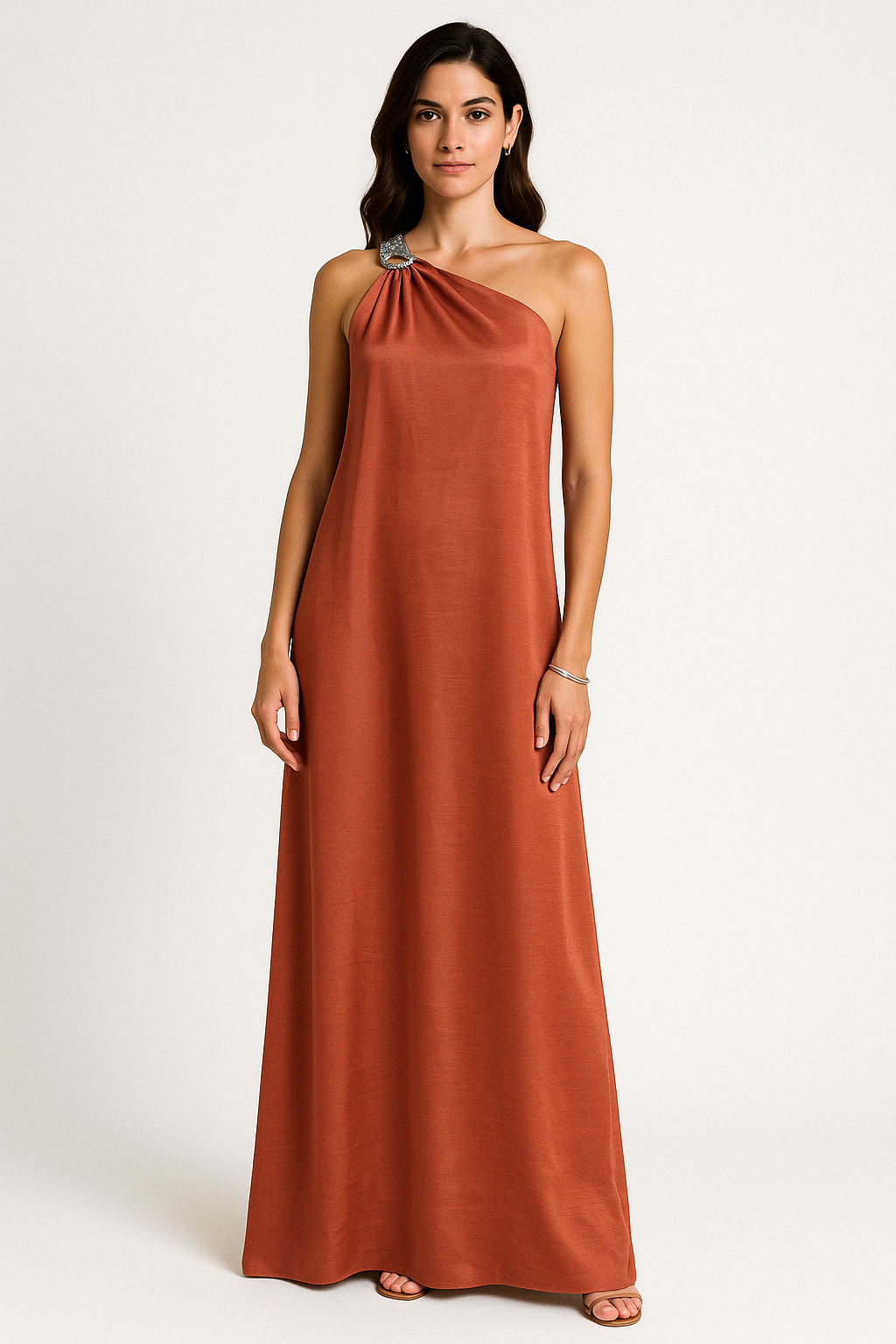 Damklänning – Satäng – Lång – Lös Passform – Ena Axeln – Dekorativ Ringdetalj