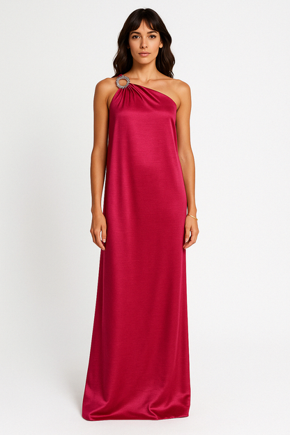 Damklänning – Satäng – Lång – Lös Passform – Ena Axeln – Dekorativ Ringdetalj