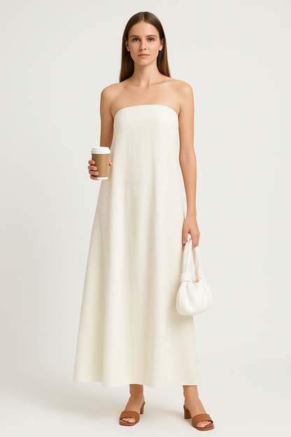 Damklänning – Bandeaumodell – Bomullslinblandning – Avslappnad Passform – Hellång Rygglös