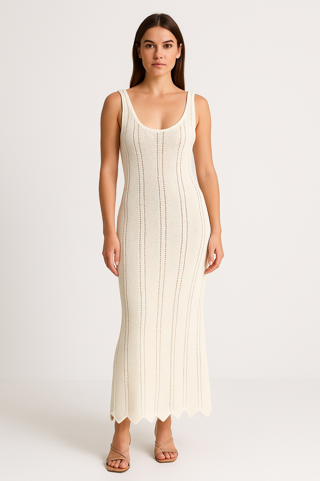 Damklänning – Stickad Ärmlös – Figurnära Passform – Öppen Rygg – Ankellång