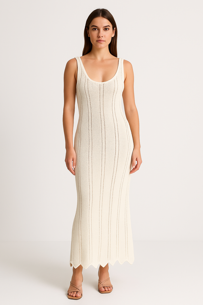 Damklänning – Stickad Ärmlös – Figurnära Passform – Öppen Rygg – Ankellång