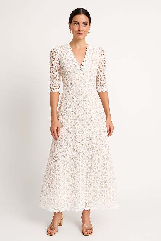 Damklänning maxi – spets – A-linjeformad – V-ringning – mellankorta ärmar